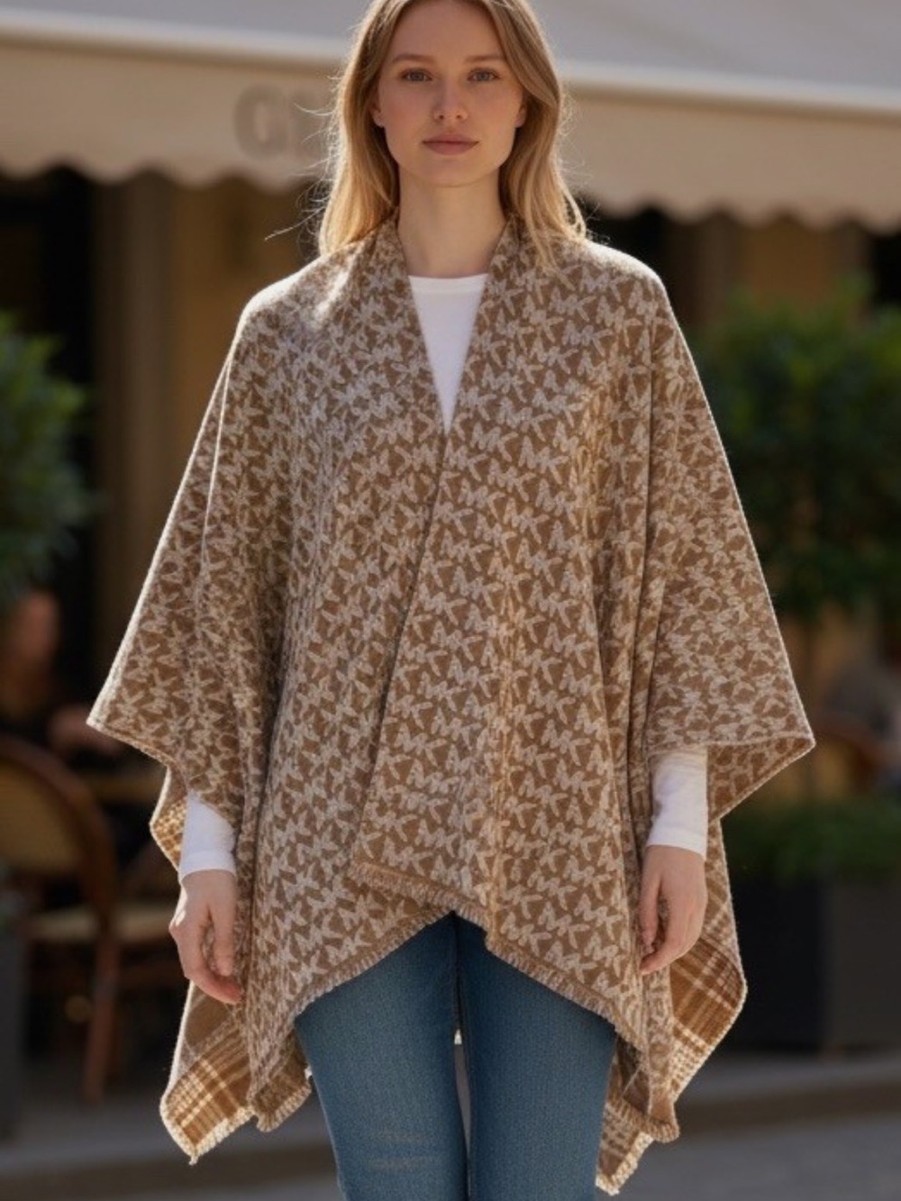Michael Kors Jacquard Signature MK Logo Black Poncho Cape Shawl Wrap Sweater